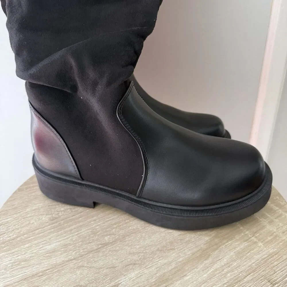 Women's Fashion Thick Heel Riding Boots Black Side Zipper Durable Elegant 7.5
